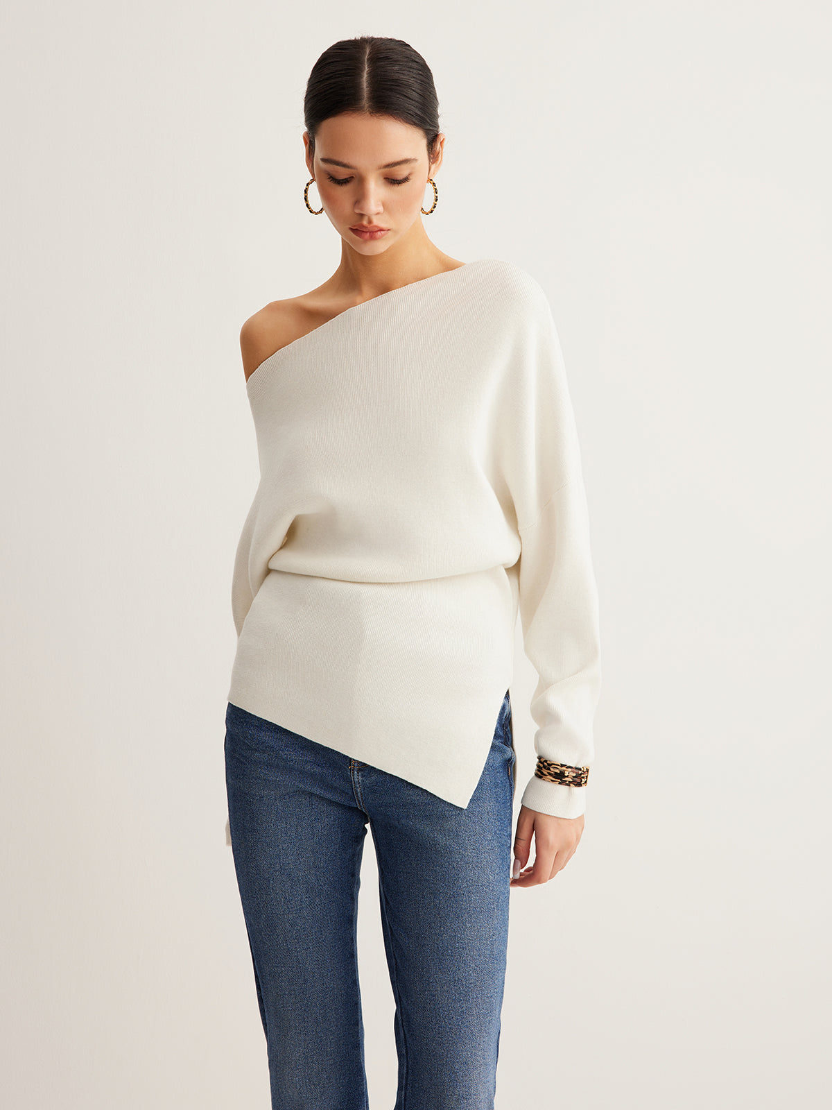 Wool-Blend Asymmetrical Neck Knit Top