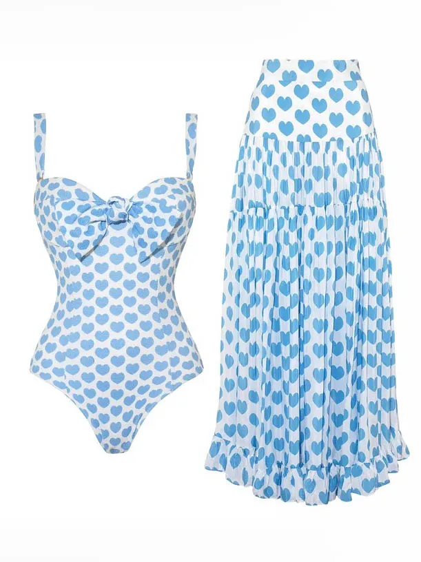 Women’s Soft Heart Print Bowknot One-Piece Swimsuit Set