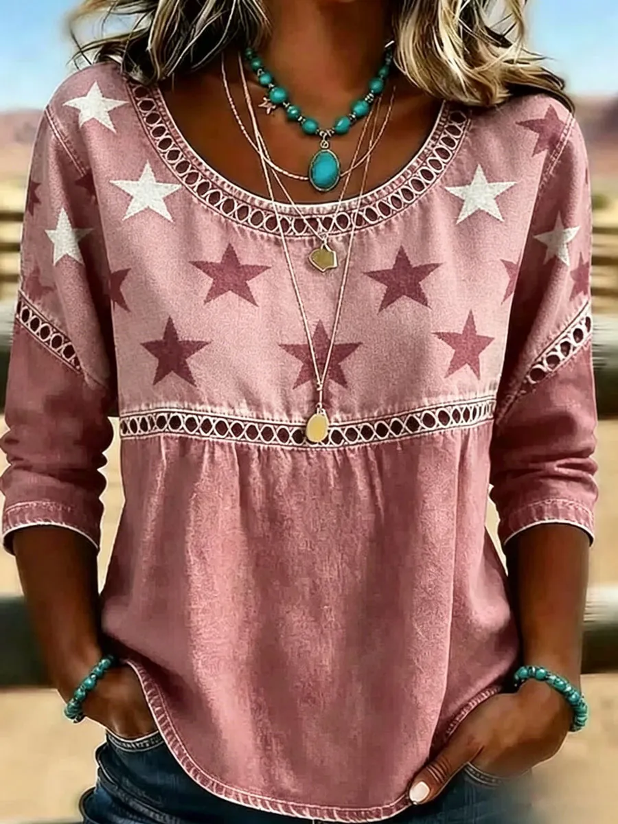 Women's Casual Round-Neck Printed Cotton-Linen Top