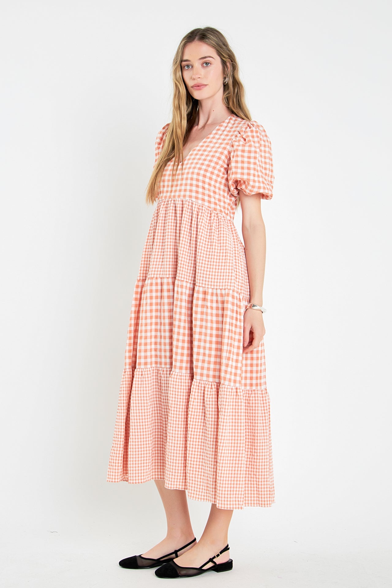 Gingham Check Combination Midi Dress