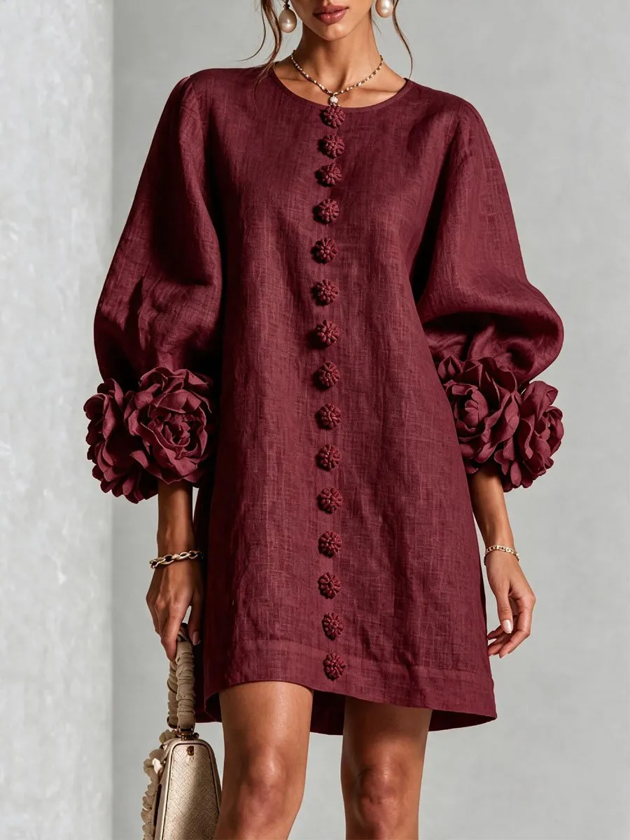 Elegant 3D Floral Button-Front Mini Dress With Striking Floral Cuffs