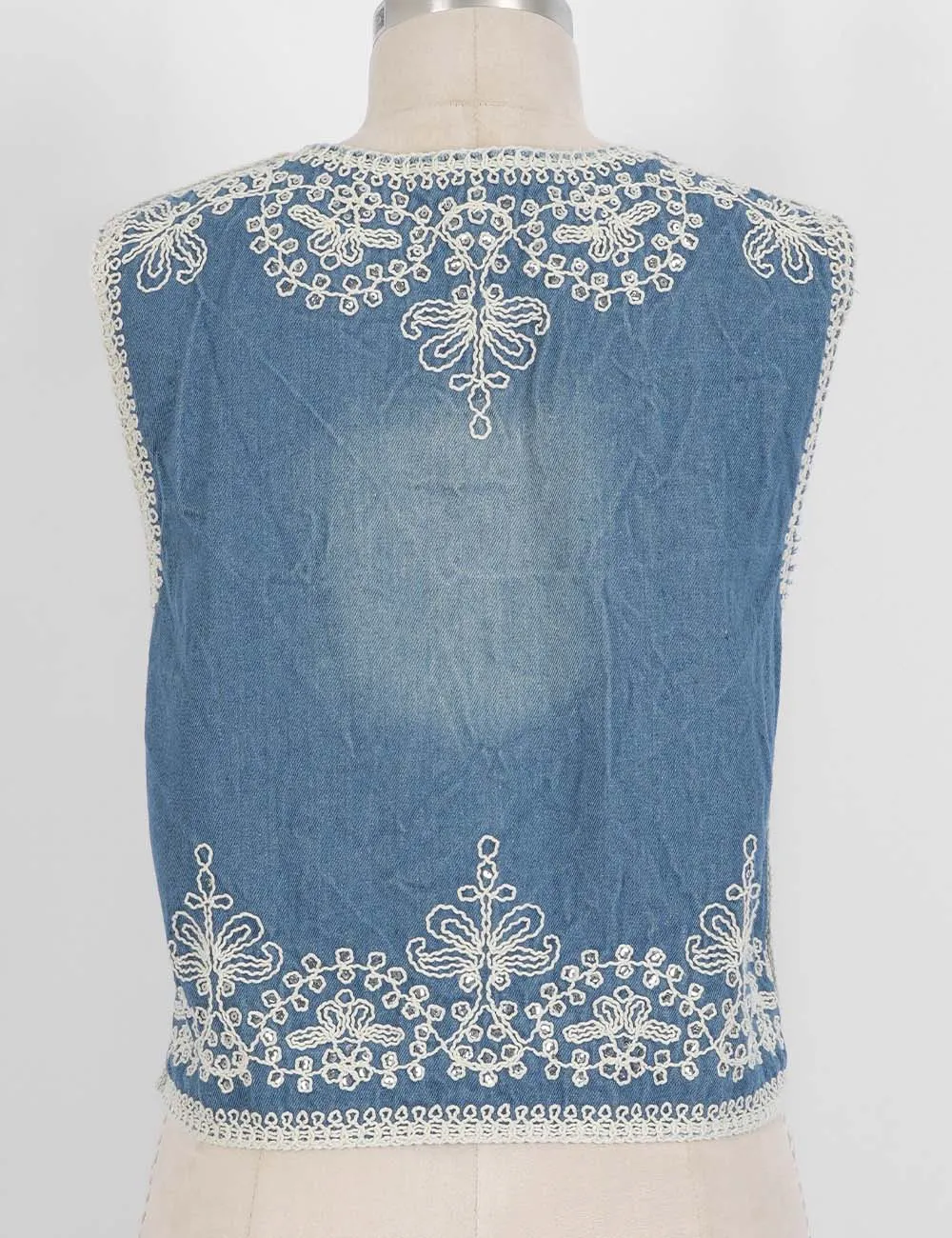 Rhinestone Embroidery Button Front Denim Vest