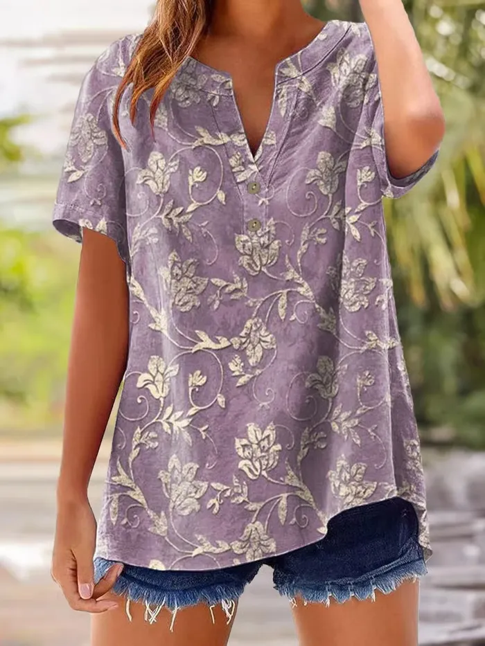 Women's Short-Sleeved Shirts With Plant Pattern Prints