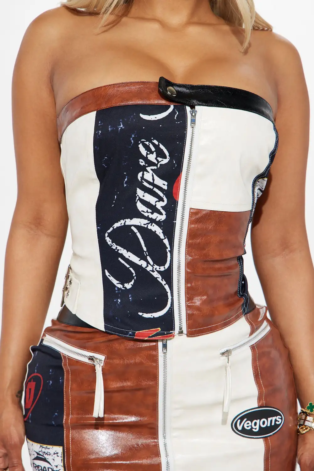 Always Over The Top Faux Leather Skirt Set - Brown Combo