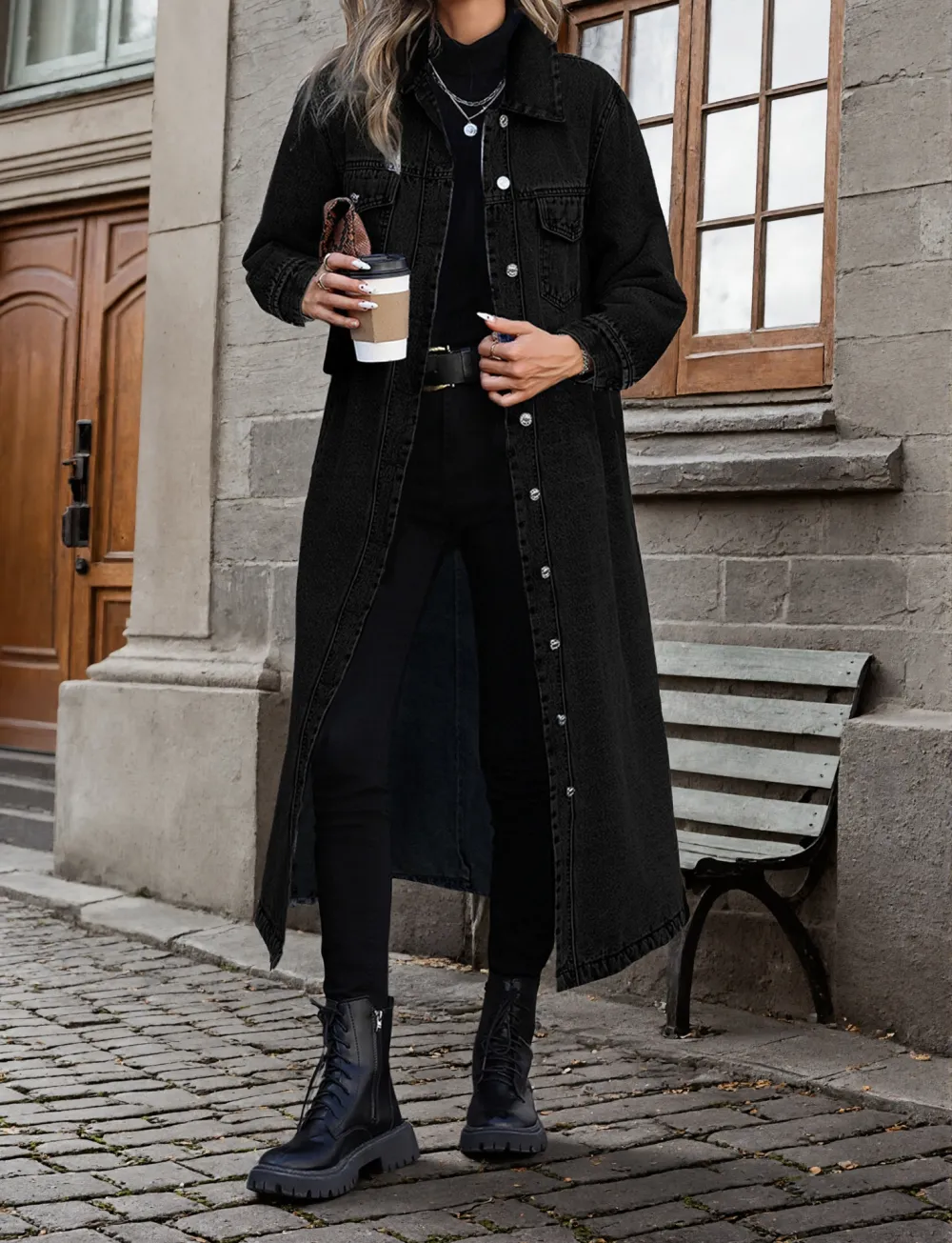 Single-Breasted Long Denim Jacket