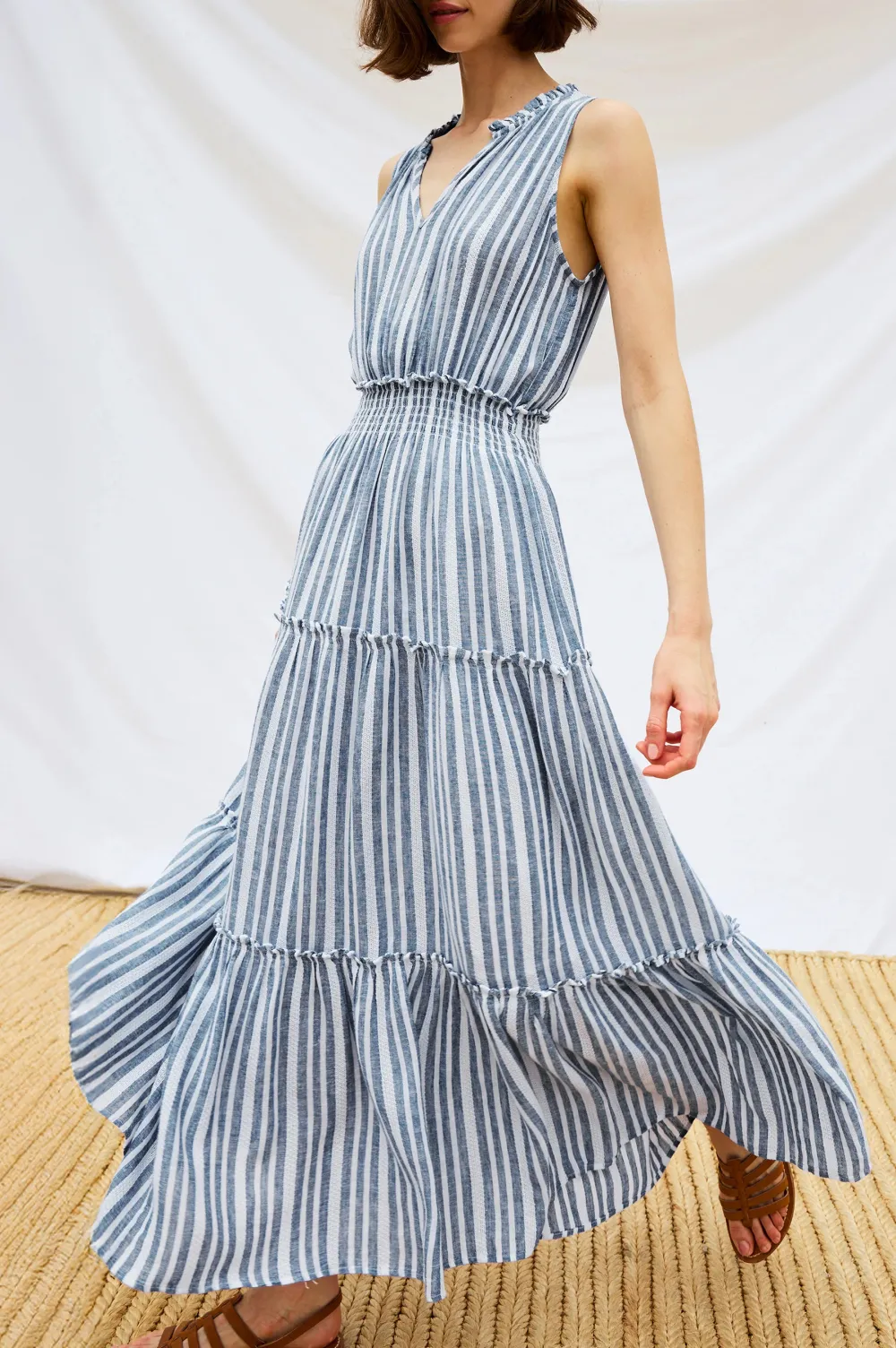Cotton And Linen Blended Striped Dress
