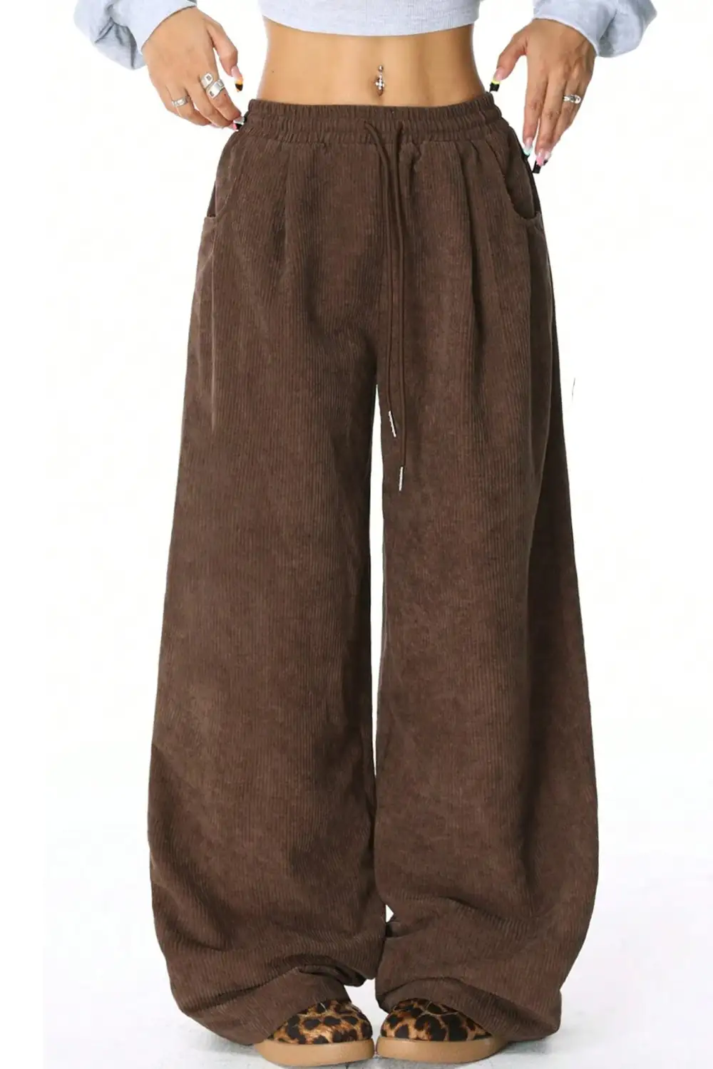 Drawstring Flannel Wide Leg Pants
