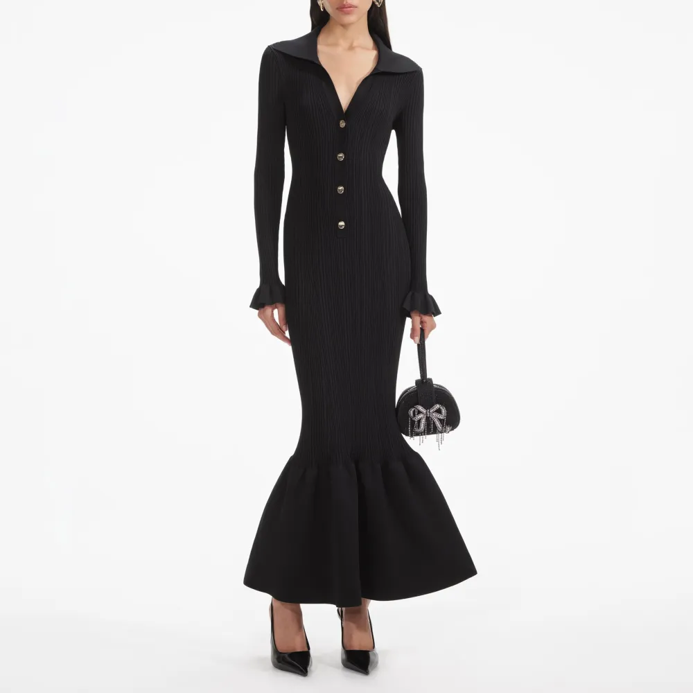 Black Ribbed Knit Fluted Midi Dress