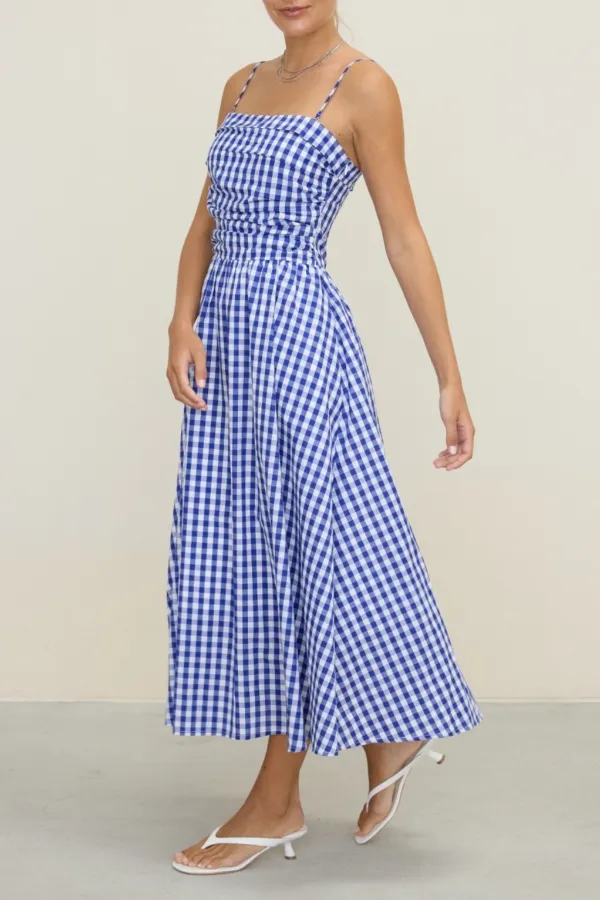 Strapless Gathered Gingham Midi Dress