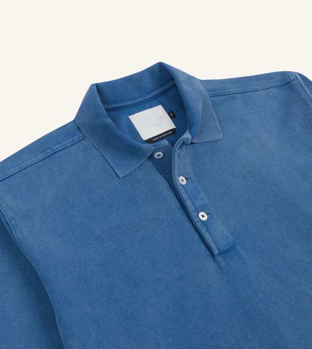 Indigo Cotton Jersey Long Sleeve Polo Shirt Plain