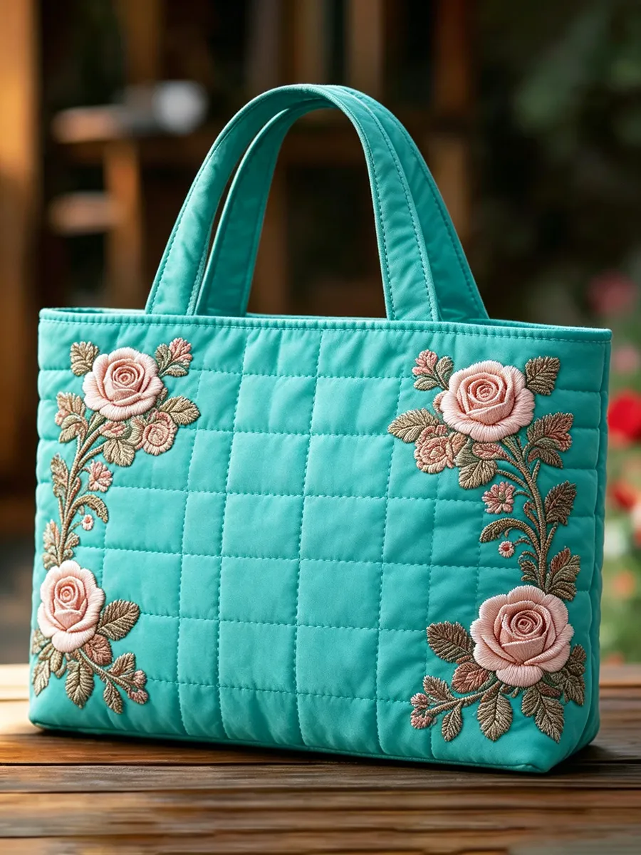 Women's Quilted Cotton Blended Rose Embroidered Tote Bag