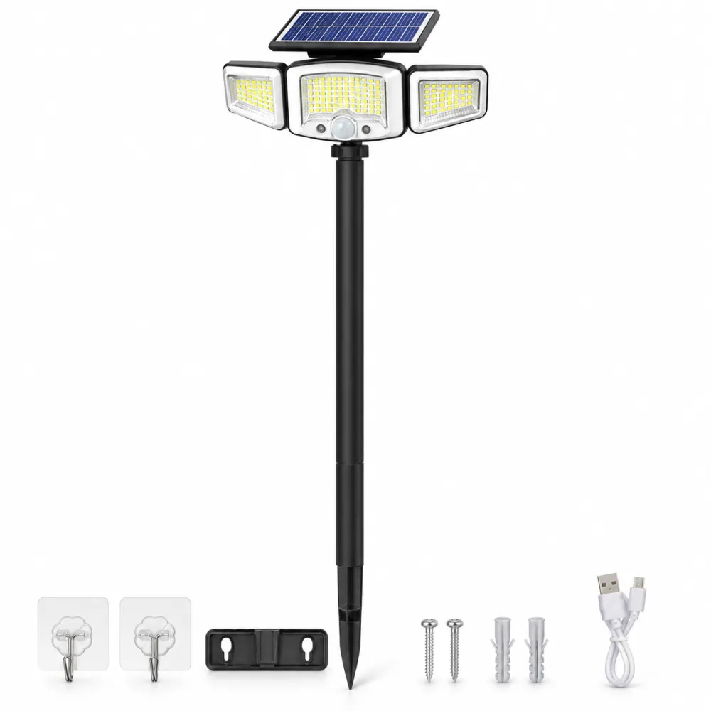 Zonne-energie lamp met 3 lampkoppen en bewegingssenso