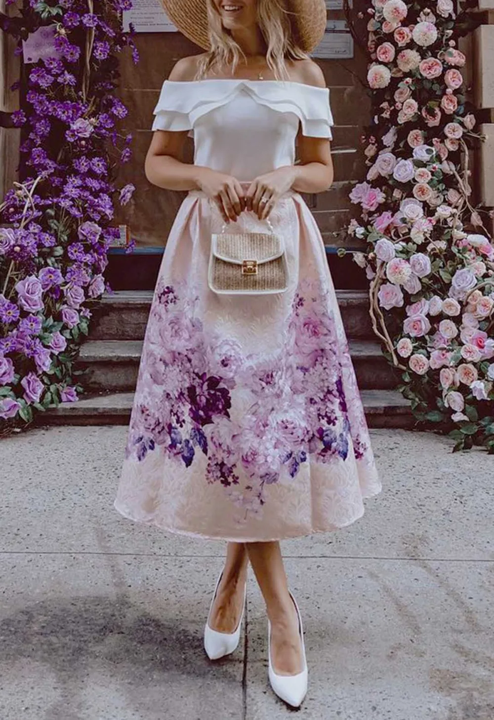 LAVENDER PEONY PRINT EMBOSSED MIDI SKIRT