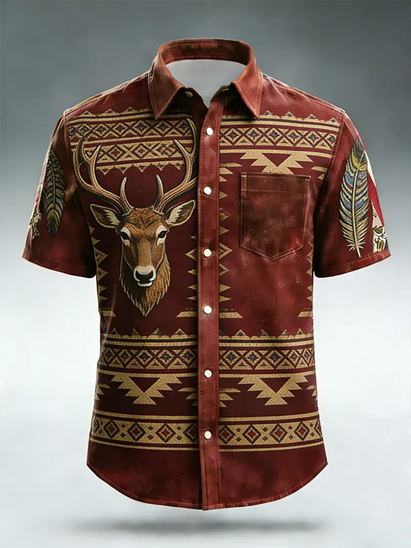 Men's Deer Head & Aztec Geometric Print Short Sleeve Shirt
