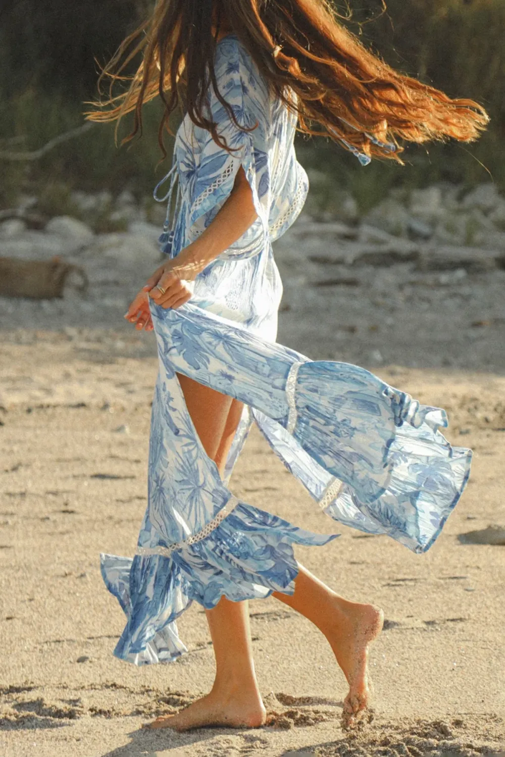 Blue And White Tropical Print V Neck Maxi Dress