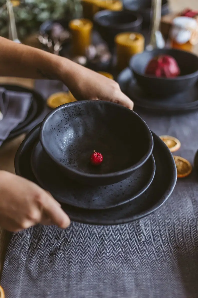 Ceramic Black Dinnerware Set for 12, Stoneware Dish Set, Black Table Setting, Minimalist Dinner and Dessert Plates Rustic Soup Bowl Mom Gift