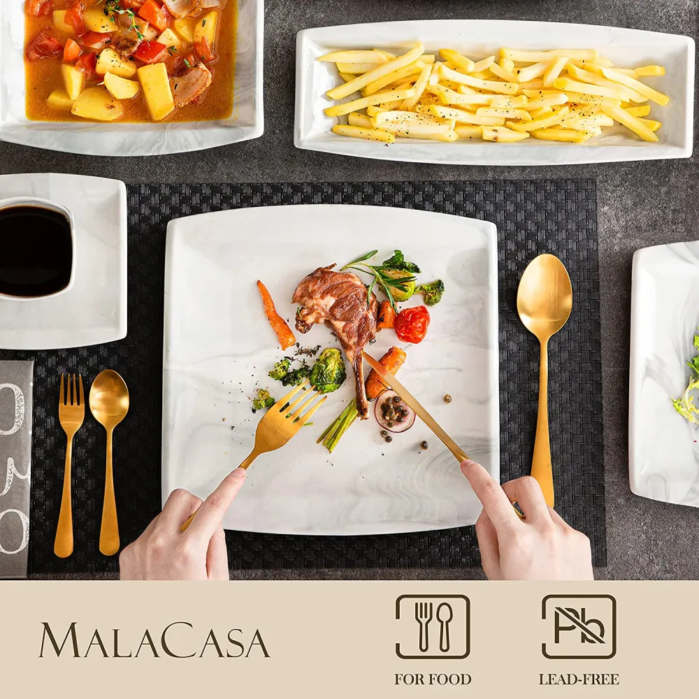 MALACASA Dish Set for 12, 60 Piece Marble Grey Square Dinnerware Sets, Porcelain Dinner Set with Plates and Bowls Sets, Cups and Saucers, Dishware Sets Kitchen Dishes Microwave Safe, Series Blance