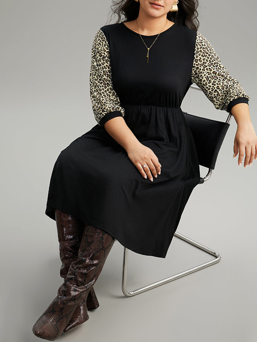 Leopard print spliced plus-size women's dress