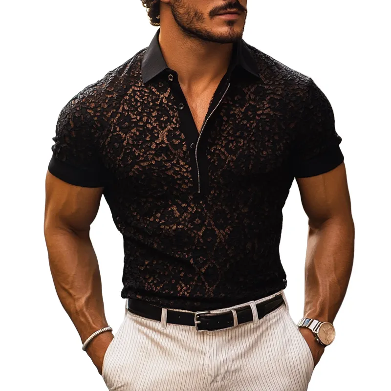 Coastal Short Sleeve Collared Knit Mesh Detail Shirt