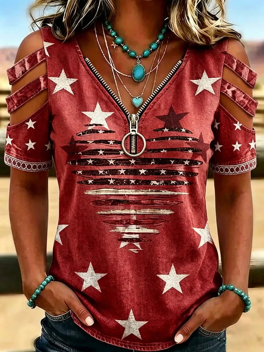 Female Casual Hollowed Out Patriotic T-Shirt