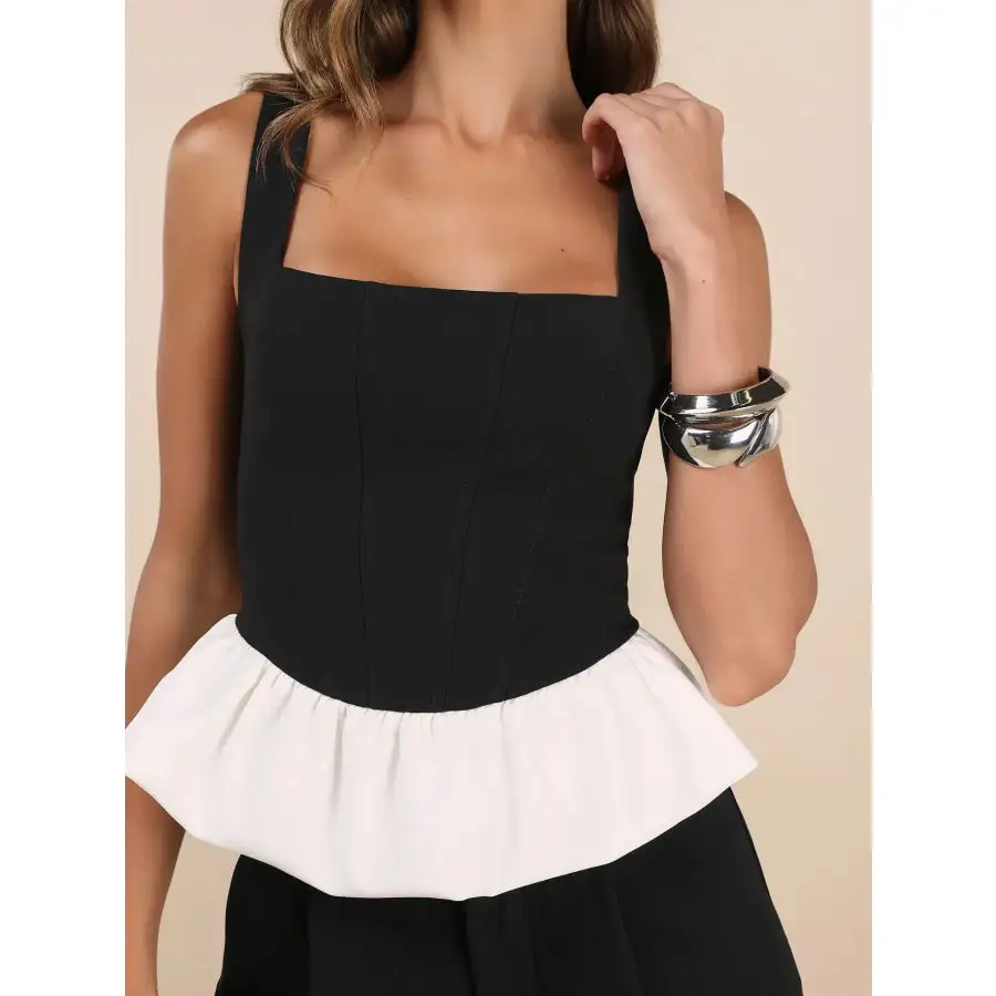 Contrast Ruffled Hem Square Neck Tank