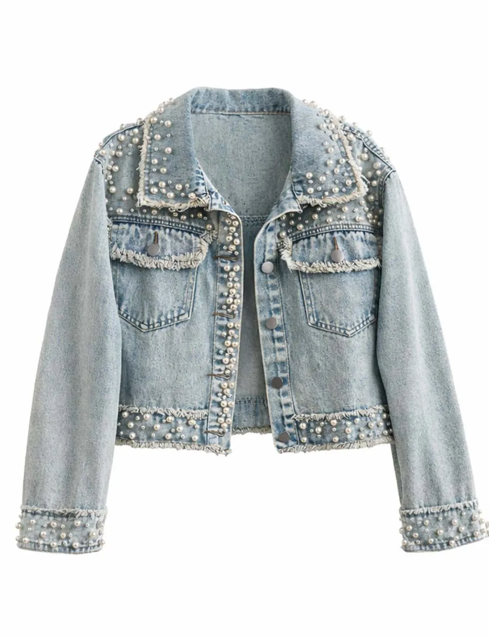 Faux Pearl Beaded Frayed Hem Cropped Denim Jacket