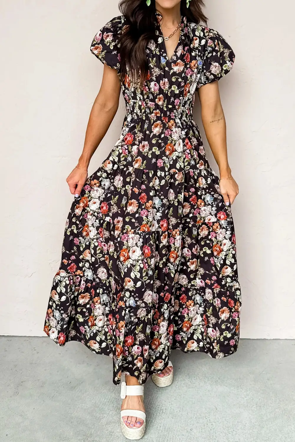 Soft Touch Floral Printed V Neck Maxi Dress