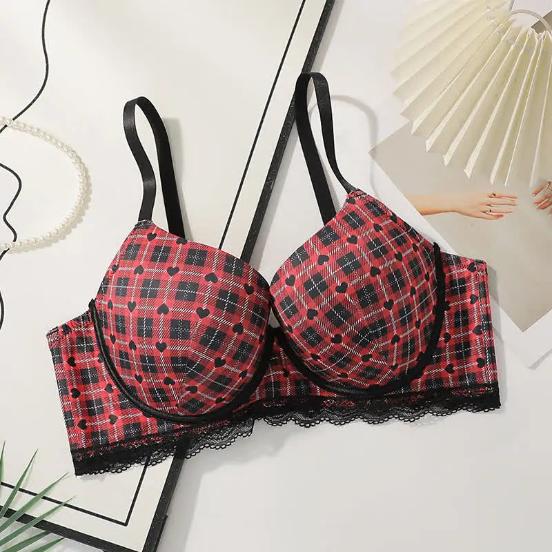 Plaid Heart Underwire Bra Push Bra