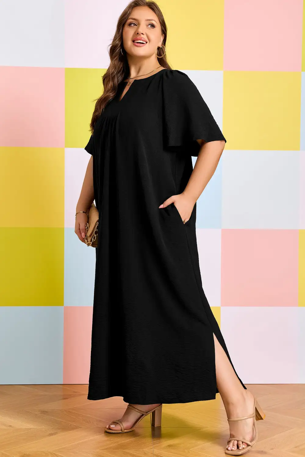 Split Neck Short Sleeve Dress Casual