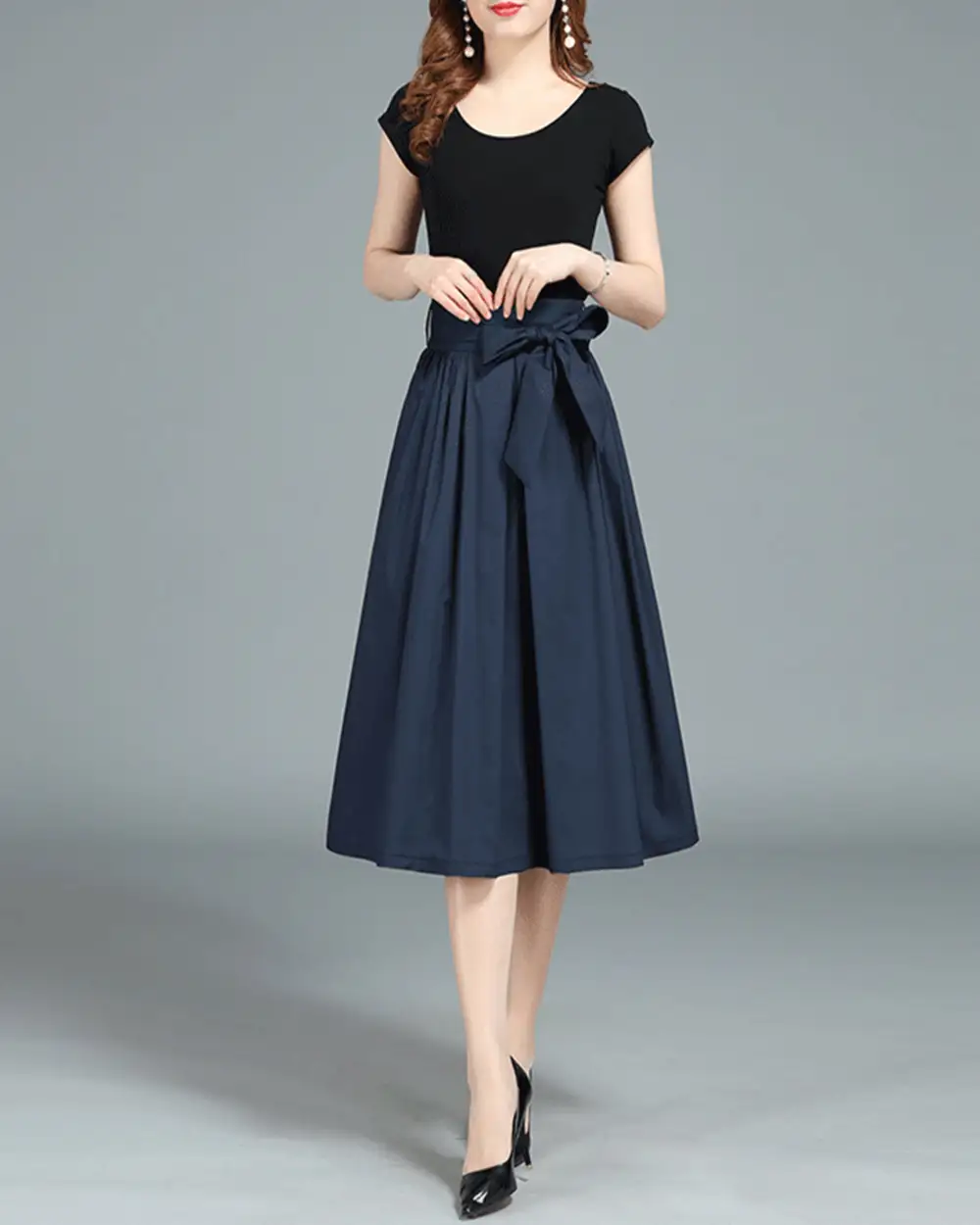 Everyday Belted Cotton A Line Midi Skirt