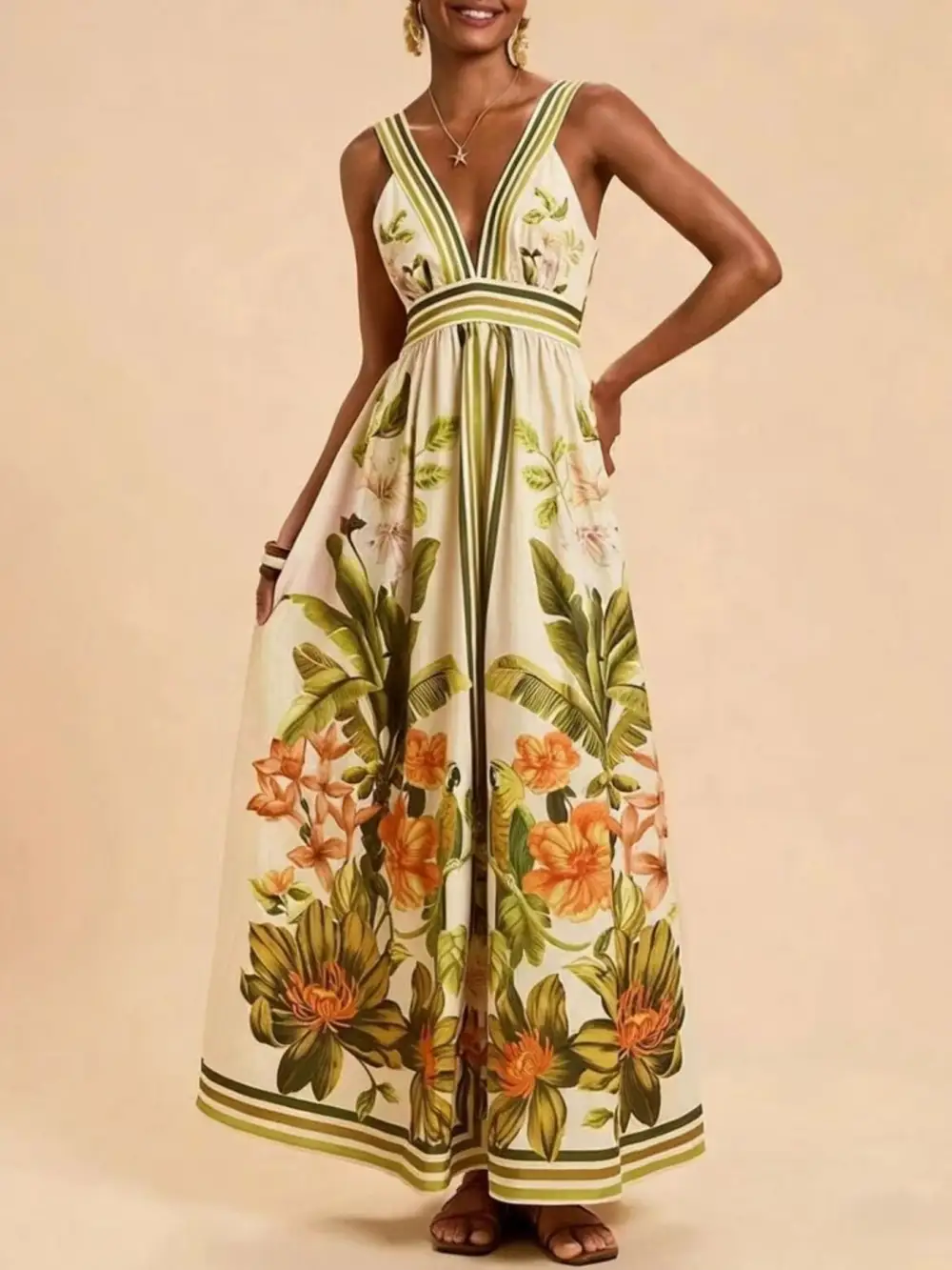 Soft Touch Printed V Neck Maxi Dress