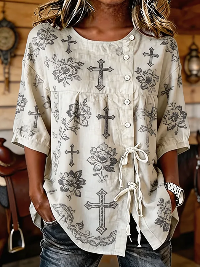 Women's Cross & Floral Print Tie Waist Western Button-Down Blouse