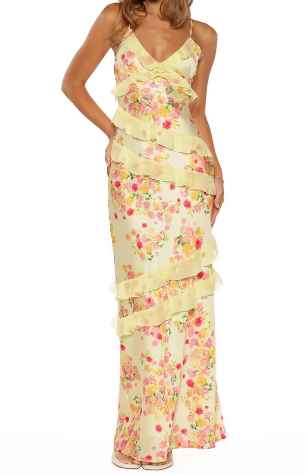 Satin V Neck Ruffle Frills Maxi Dress