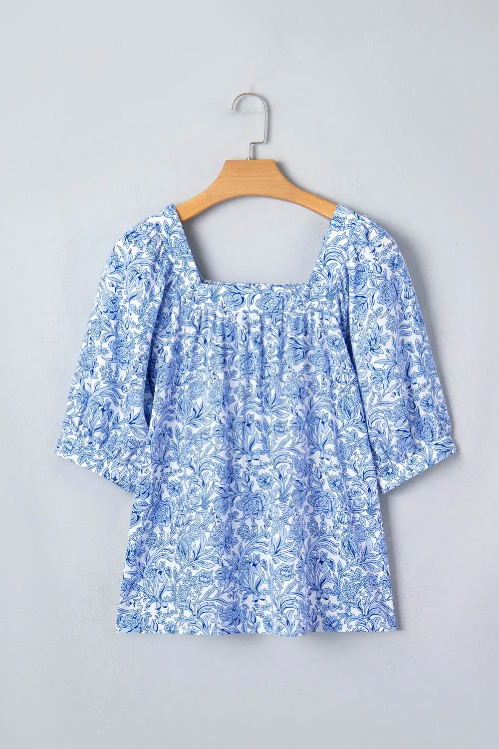 Sky Blue Square Neck Short Puff Sleeve Pleated Floral Blouse