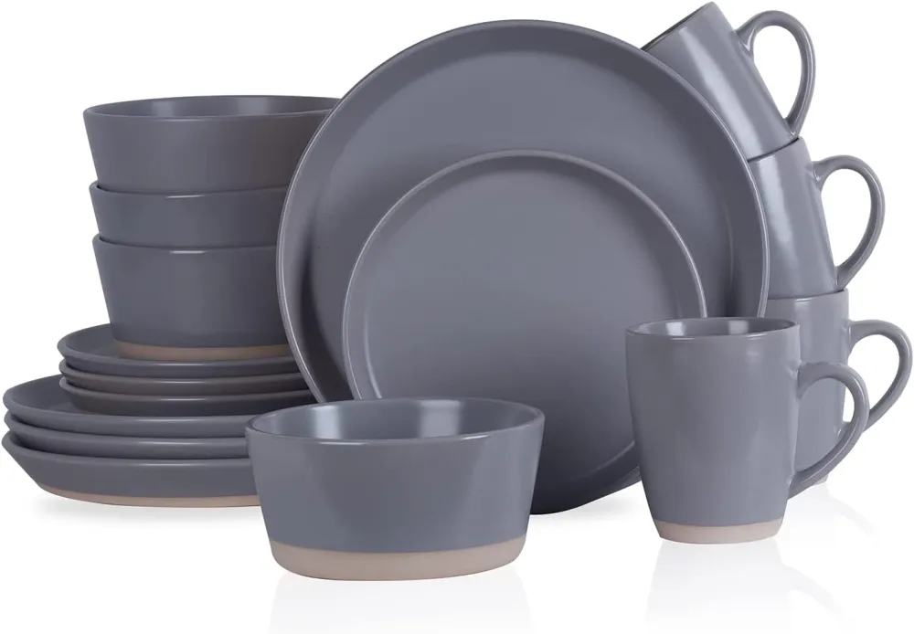 Stone Lain 32 Piece Glazed Stoneware Dinnerware Set, Service 8, Blue and Black