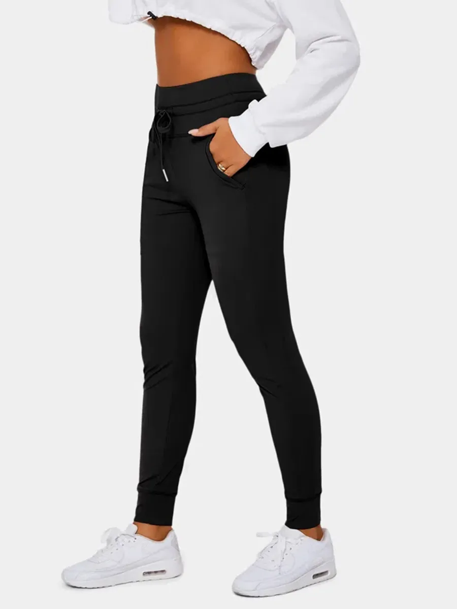 Softlyzero Airy High Waisted Drawstring Side Pocket Plain Full Length Joggers