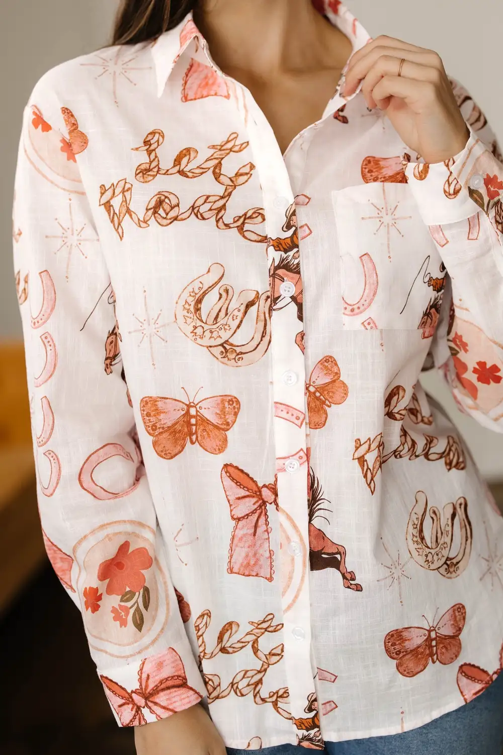Button Front Western Inspired Shirt Blouse