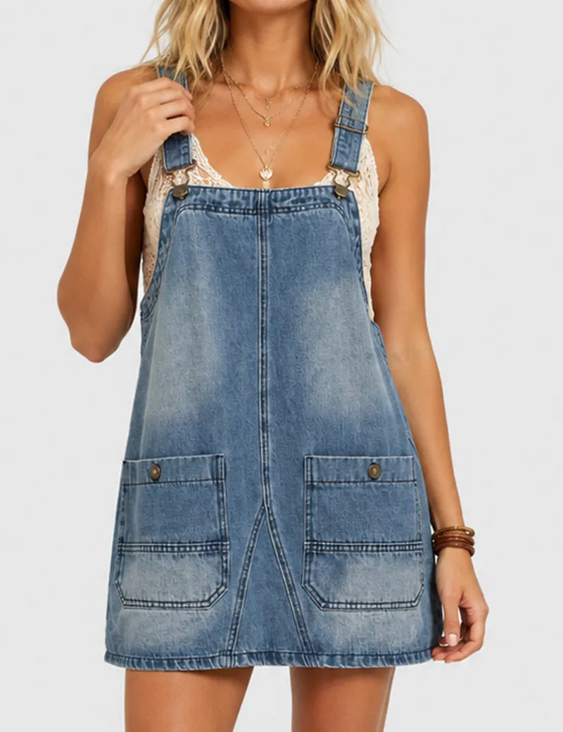 Casual Pocket Denim Mini Overall Dress