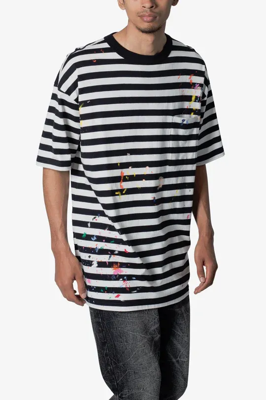 BLACK AND WHITE STRIPED PAINT SPLATTER T-SHIRT
