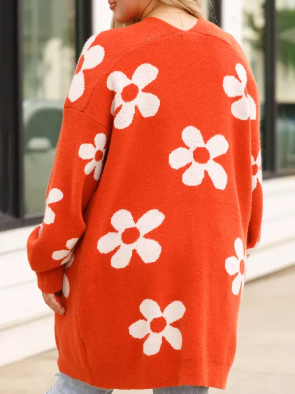 Flower Patterned Red Sweater Cardigan