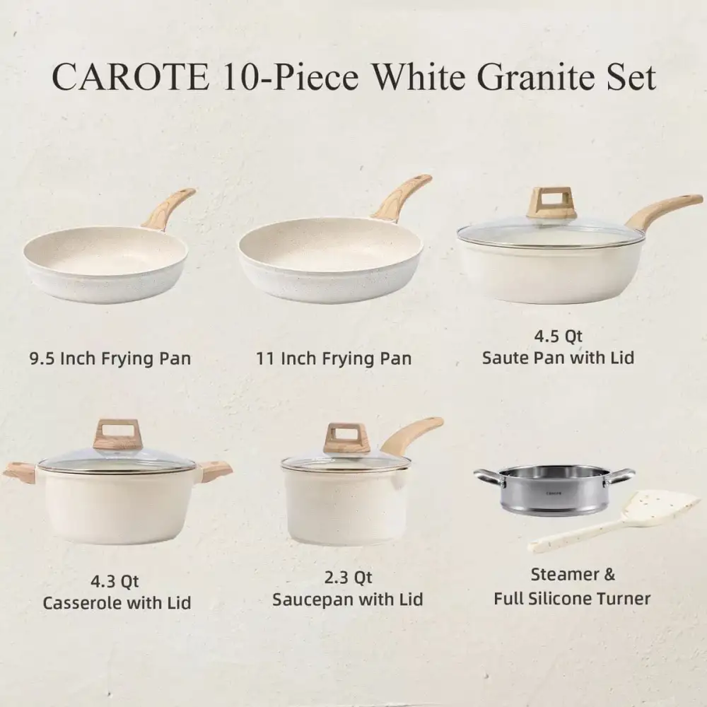 Pots and Pans Set Nonstick, 10 Pcs White Granite Induction Kitchen Cookware Sets