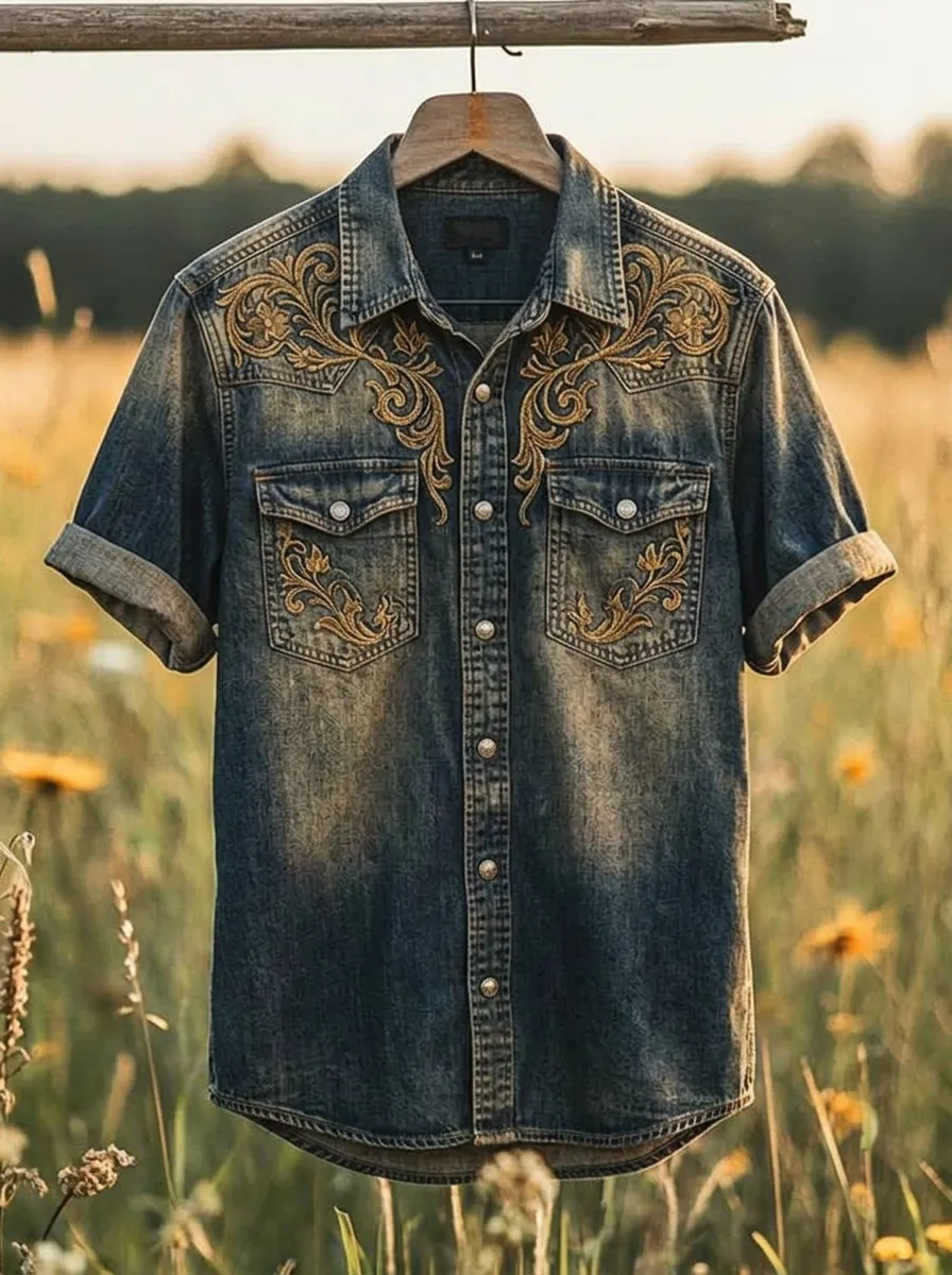 Men's Western Style Floral Embroidery Denim Printed Shirt