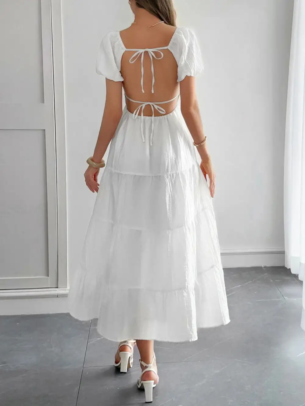 V Neck Short Sleeve Midi Dress