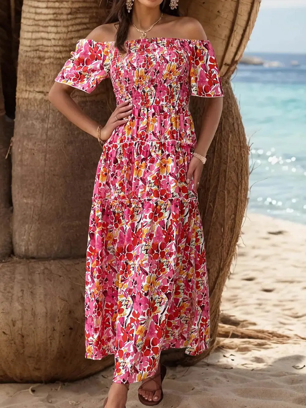 Floral Off Shoulder Slit Casual Dress