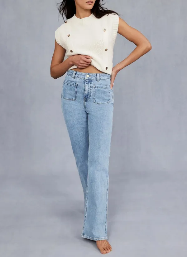 Casual Style Relaxed Straight Patch Pocket Jeans