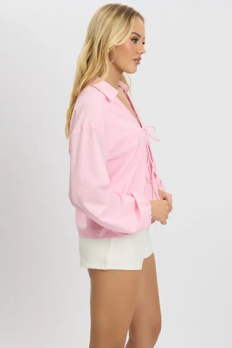 Pink Tie  Up Front Top Long Sleeve