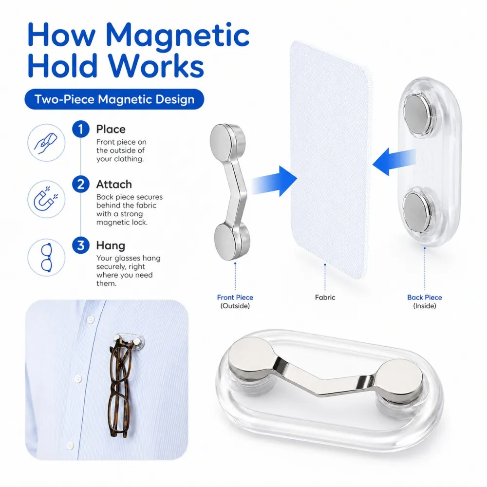 🧲 Magnetic Eyeglass Holder Clip, Universal Glasses Hanger for Readers, Blue Light Glasses & Sunglasses, No More Lost Eyewear