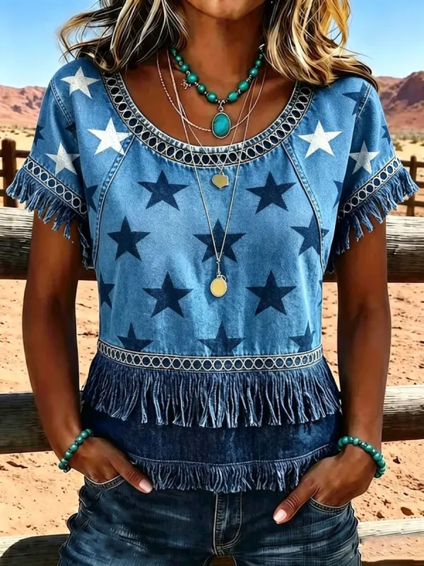 Women'S 250Th Anniversary American Vintage Western-Style Casual Shirt With Fringe Splicing