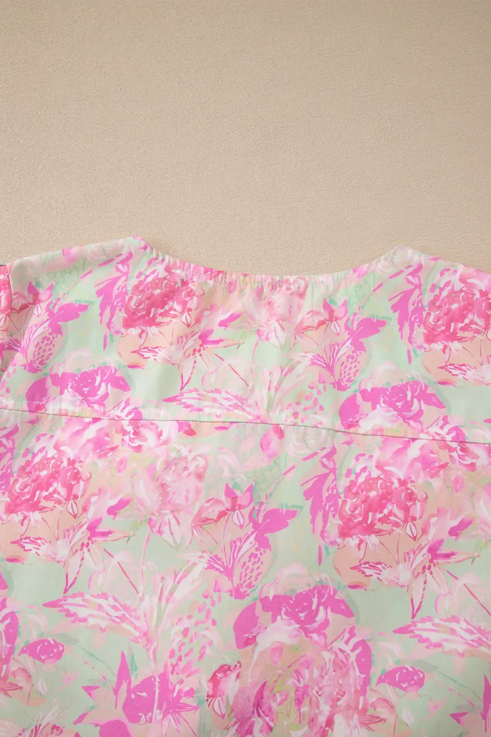 Pink Ribbon Knot Front Floral Short Puff Sleeve Blouse