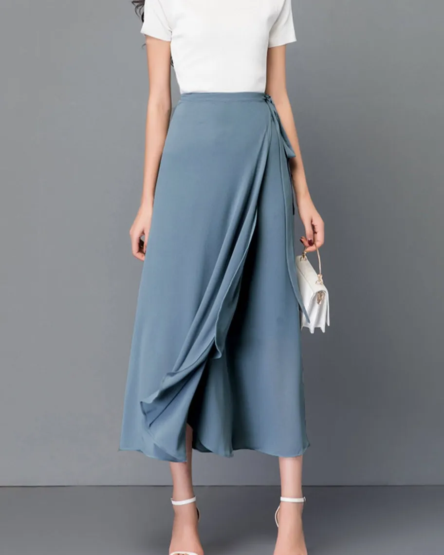 Airy Belted Chiffon A Line Midi Skirt